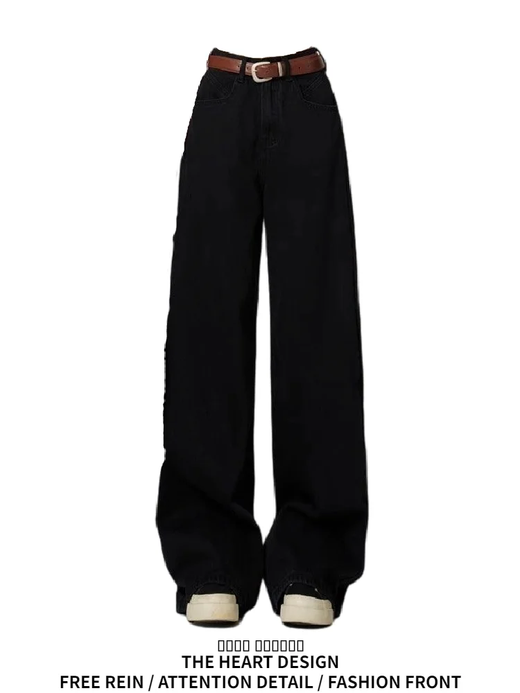 

American Style Pleated High Waist Wide Leg Denim Jeans Women's Autumn Winter Loose Straight Casual Trousers Floor Length
