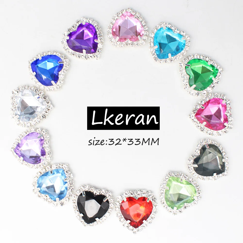 LKERAN 5PCS Huge 32*33mm Acrylic Heart-Shaped Rhinestone Buttons Flatback 4-Hole Sewing Decorative Accessories