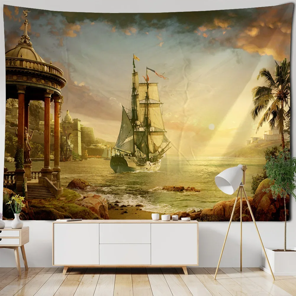 Pirate ship tapestry wall hanging sea view home art decoration hippie wall decoration blanket Bohemian background cloth