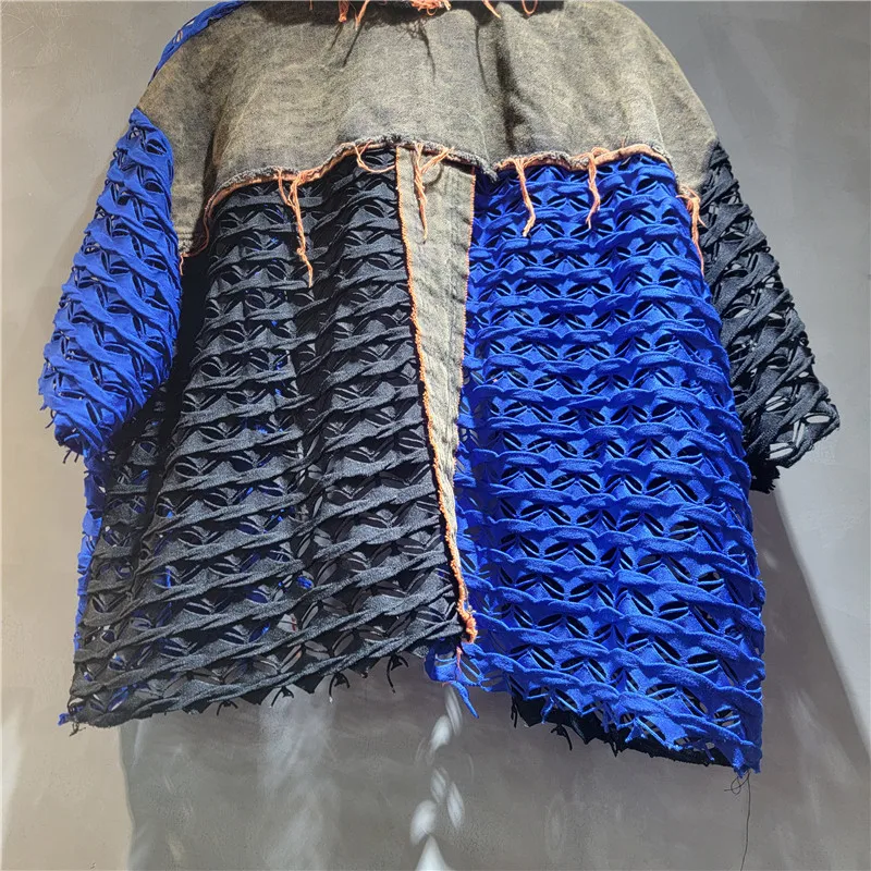 HKSH Women Shirt Distressed Patchwork Hollow Out Color Block Short Sleeves Single Breasted Streetwear Casual Tops Summer HK21912
