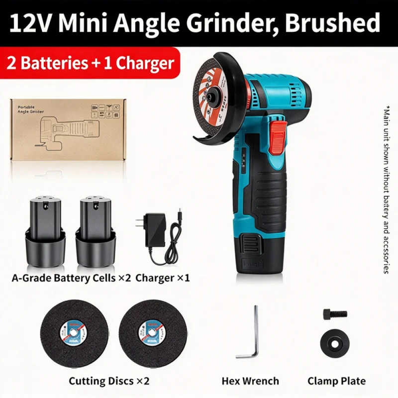 12V Brushless Mini Angle Grinder 19500 RPM Cordless Polishing Cutting Diamond Electric Tools 2 Batteries Charger