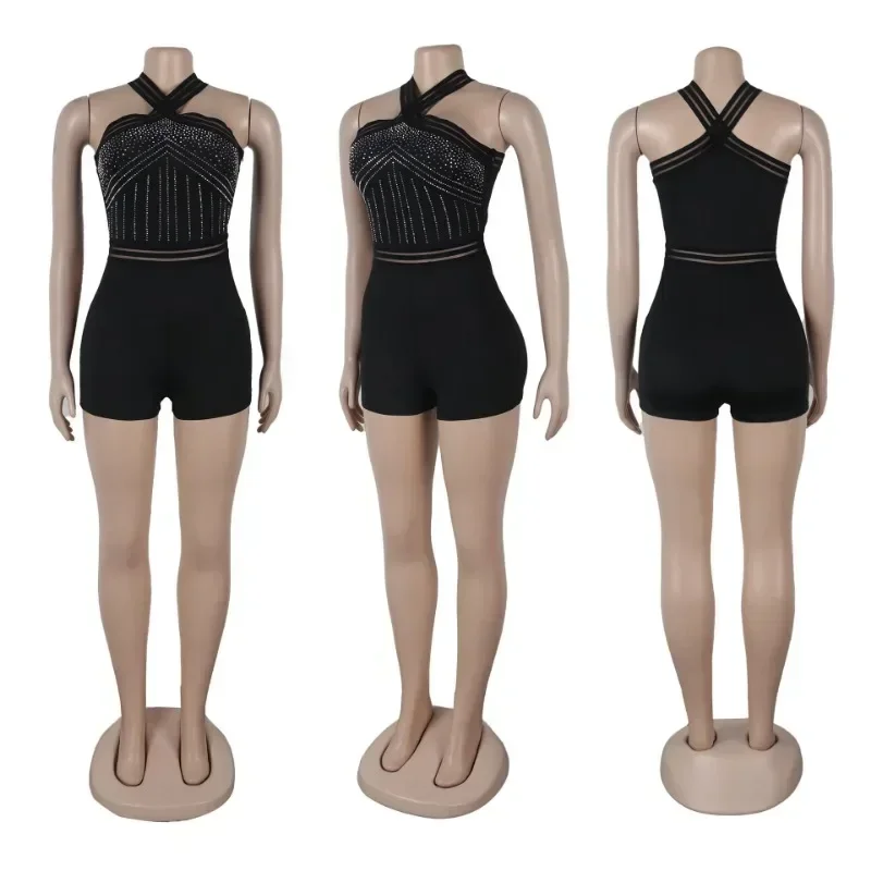 GUWU Diamanti Strass Pagliaccetto Donna Senza maniche Halter Sheer Mesh Patchwork Tute intere Club Party Compleanno Abiti