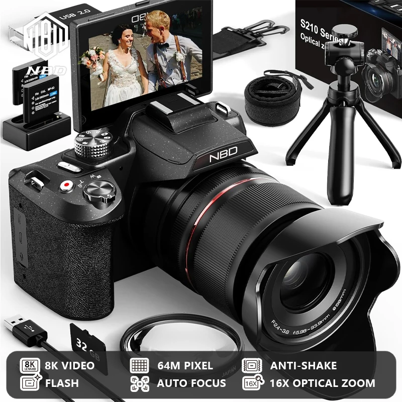

Цифровая камера NBD S210F 8K 64MP с 16-кратным оптическим зумом, автофокусом, откидным экраном, компактная камера для путешествий и YouTube