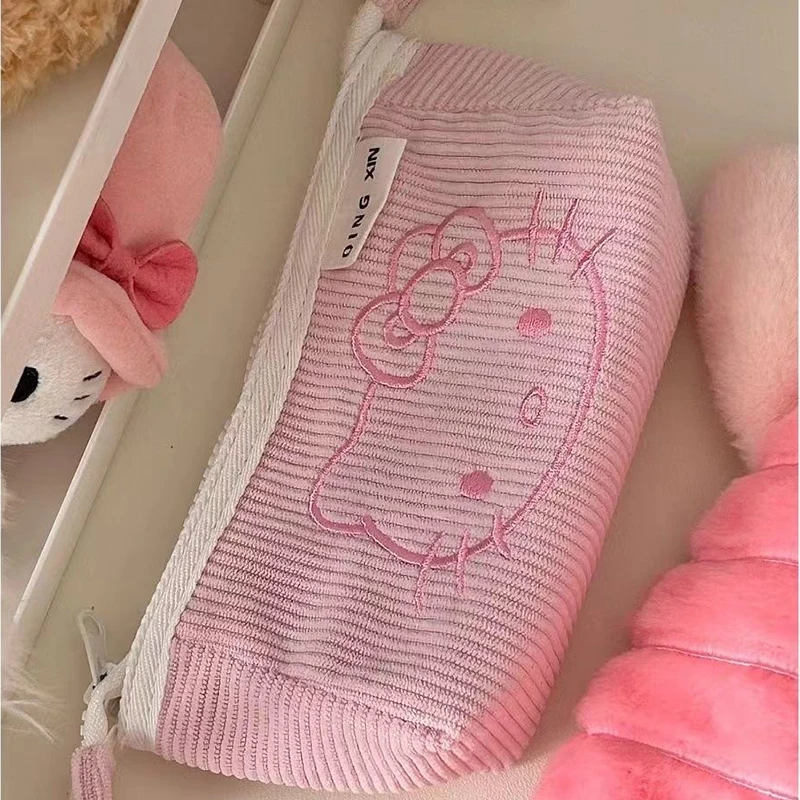 Hello Kitty sztruksowy piórnik Sanrio Anime Cartoon haftowane linie Kt torba do przechowywania artykułów piśmienniczych o dużej pojemności prezenty