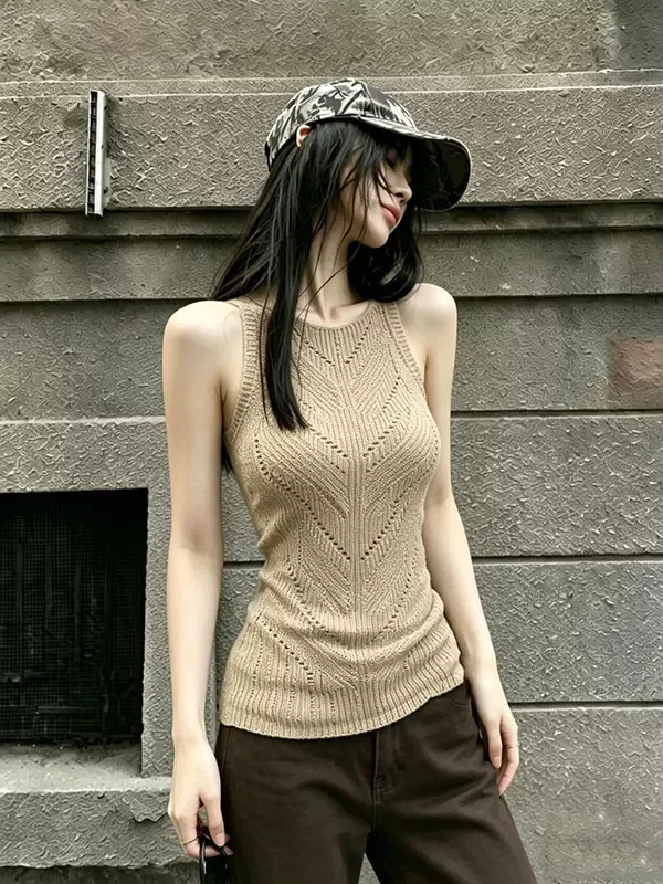 Khaki Hollow out Knitted Vest Women Summer Inner And Outer Wear Texture Unique Strap Top round Neckline Thin Regular Length