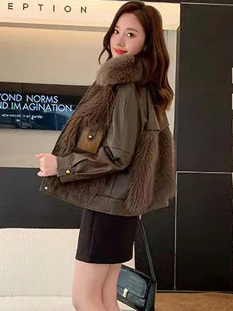 2023 Autumn Winter Faux Fur Coat for Women Elegant Fashion Korean Fashion Faux Leather Jacket Thick Warm Street Outwear