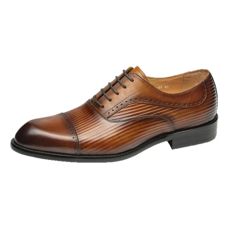 Men's Cap‑toe Striped Oxford Shoes Carved Genuine Leather Lace‑up Formal Business Dress Shoes Wedding Office