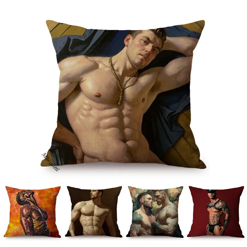 Sexy Hot Lad Muscle Guy LGBT Parade Art Tempting Male Nude Sexy Man Home Decorative Sofa Cushion Cover Linen Throw Pillow Case