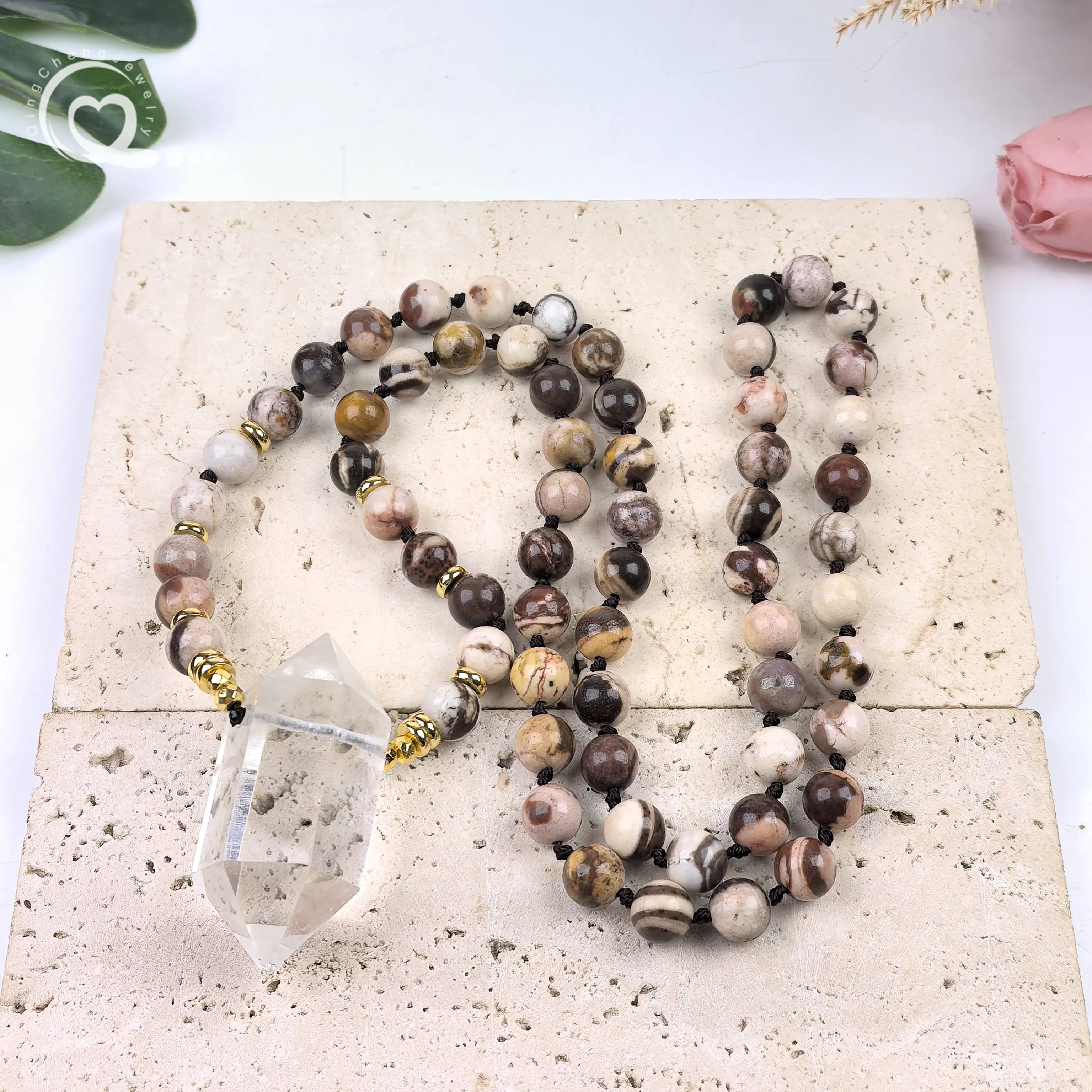 

Brown Zebra Jasper Bead Healing Quartz Crystal Double Point Pendant Knot Handmade Yoga Mala Prayer Necklace Women Jewelry,QC0194