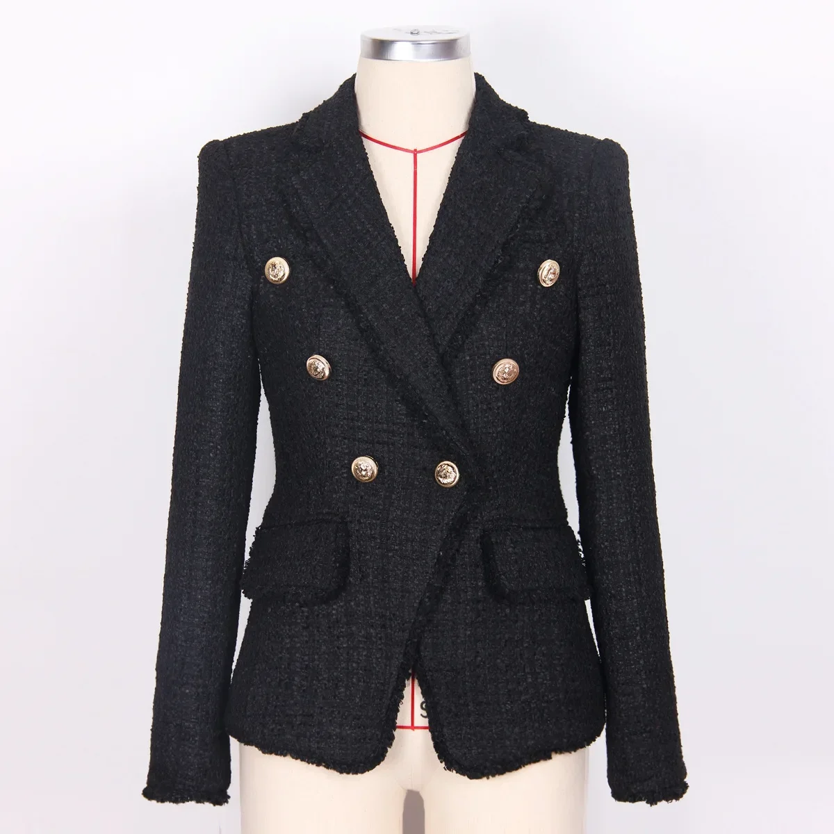 2024 Primavera Classico di Lusso in Metallo Testa di Leone Fibbia Eleganti Blazer da Donna di Alta Qualità Tweed Nero Slim Fit Vestito Autunno