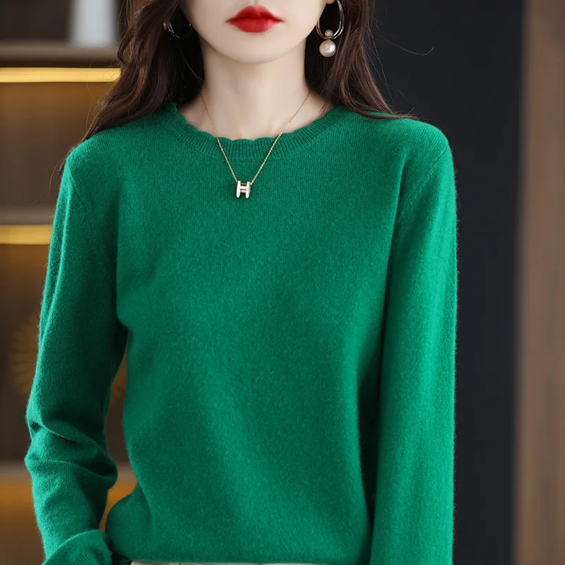 Autumn Winter Women New Wool Blend Sweater Lace Round Neck Solid Color Pullover Long Sleeve Bottoming Casual Warm Knitting Tops