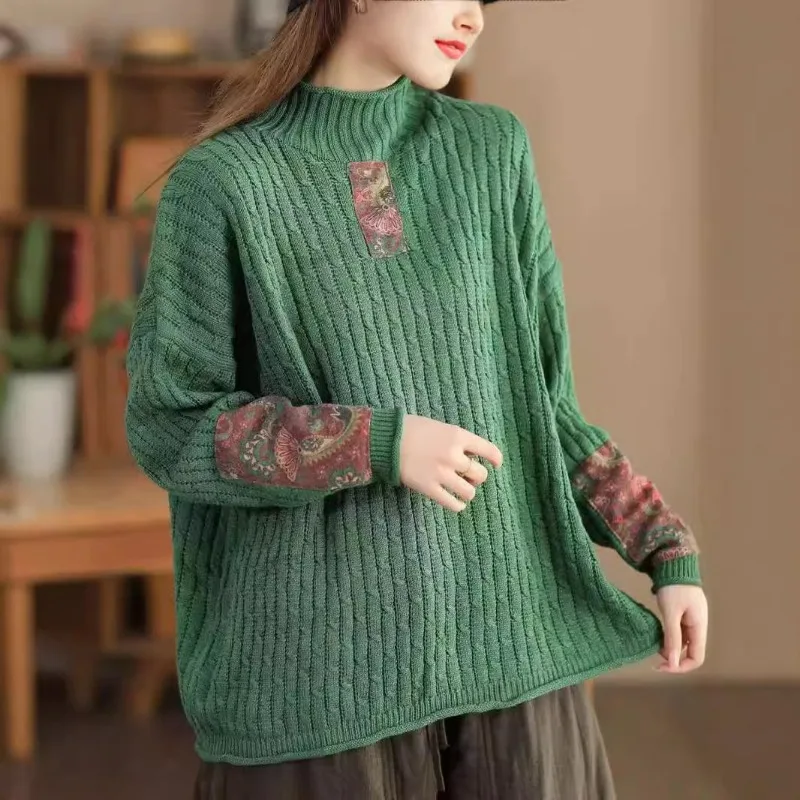 الشتاء الخريف أزياء الياقة المدورة خمر المرقعة سترة للنساء نوعية جيدة طويلة الأكمام فضفاضة عارضة البلوز تريكو قمم #2