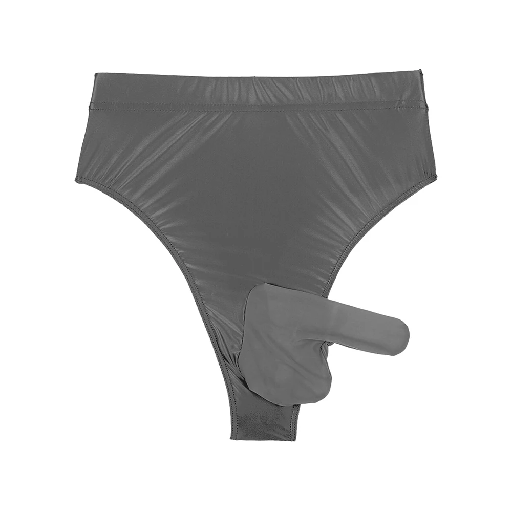 Men High Waist Cool Ice Silk Sexy Thin Stretch Oil Shiny Glossy Elephant Nose Pouch Sissy Gay Briefs Underwear Panties Thongs A5