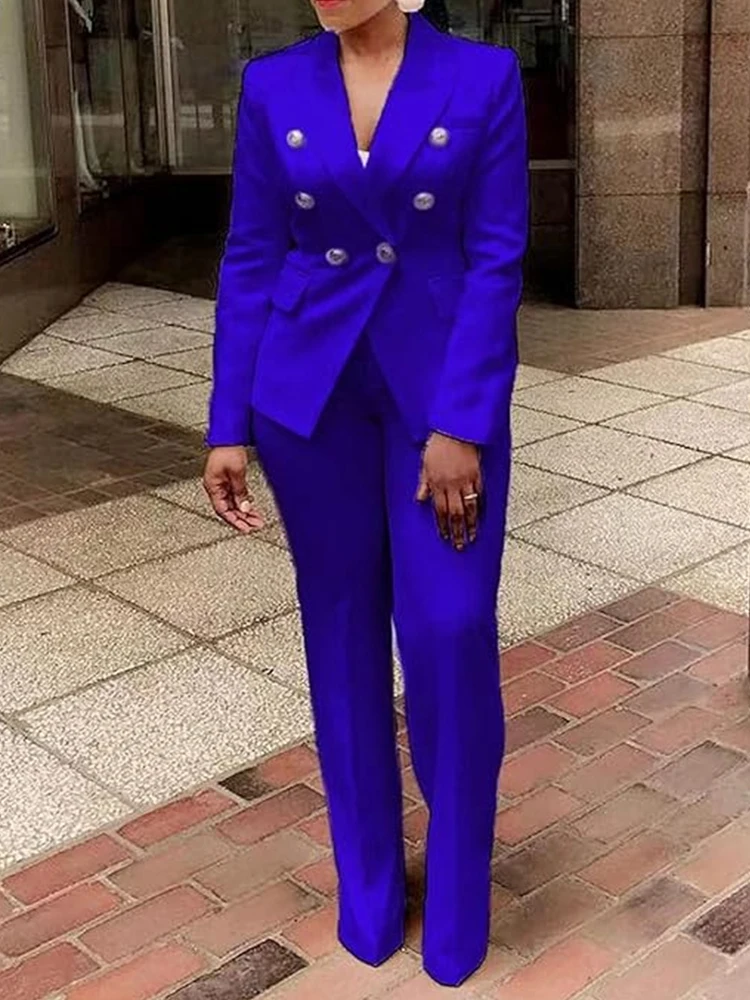 أنيقة مكتب سيدة زائد حجم دعوى قطعتين مجموعة مزدوجة الصدر طويلة الأكمام محززة طوق الصلبة عارضة الخريف مطابقة مجموعة #3