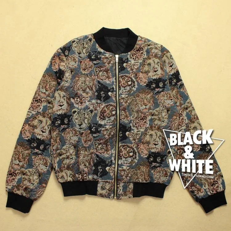 

Autumn Winter Dominant Style Baseball Jacket Women's Coat Lion Tiger Leopard Head Embroidery Thousand Needle Stitch Streetwear