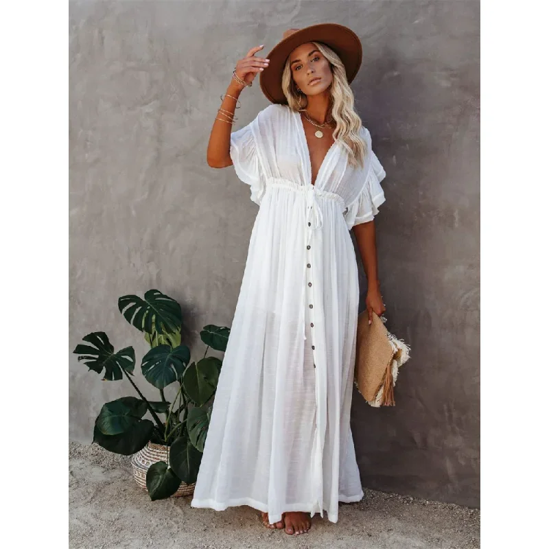 Sexy Bikini Cover-ups Long White Tunic Casual Summer Beach Dress Elegant Women Clothes Beach Wear Swim Suit Cover Up