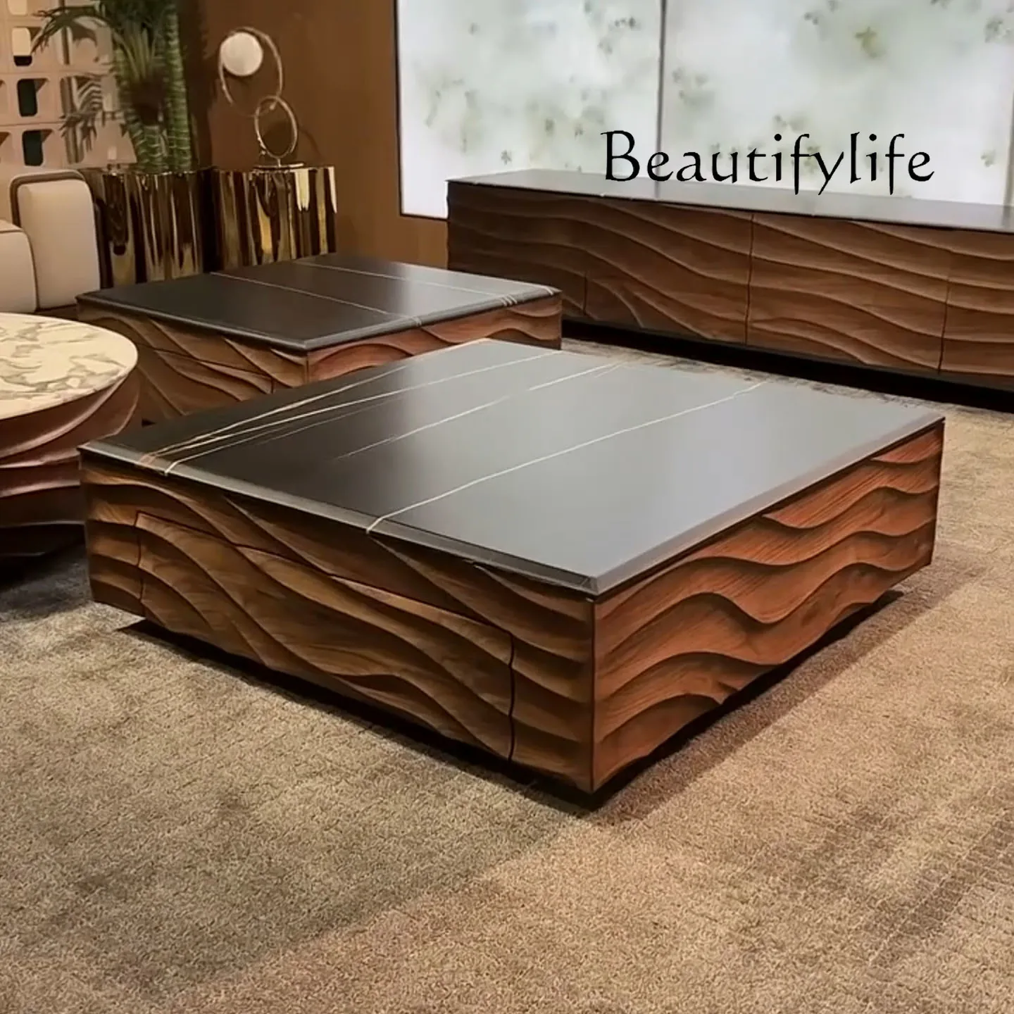 

North American black walnut rock slab coffee table modern simple light luxury creative solid wood square wave tea table