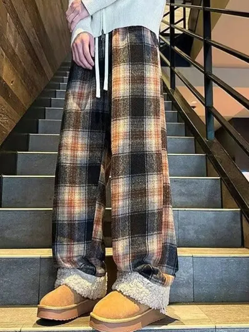 

Мужские зимние повседневные брюки прямого кроя с широкими штанинами, утепленные флисом, в клетку, в американском стиле, для катания на лыжах, теплые, в стиле ретро