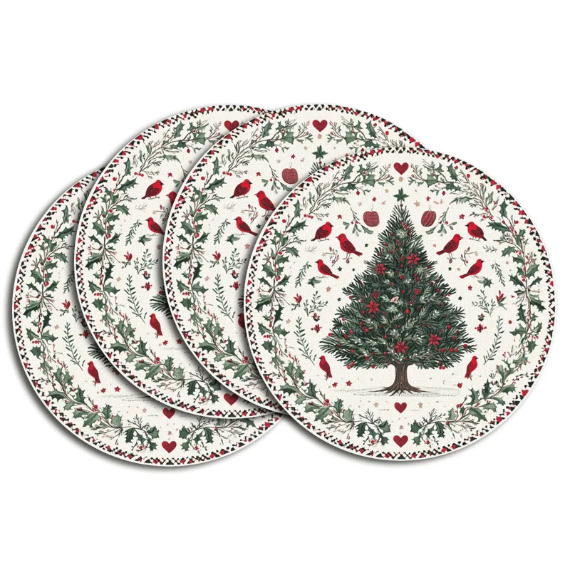 VIKAMA 4/6PC Weihnachtsbaum Bunte Vogelmahlzeit Matte Stechpalmenblatt Rotes Herz Runde Party Tischdekoration und Zubehör