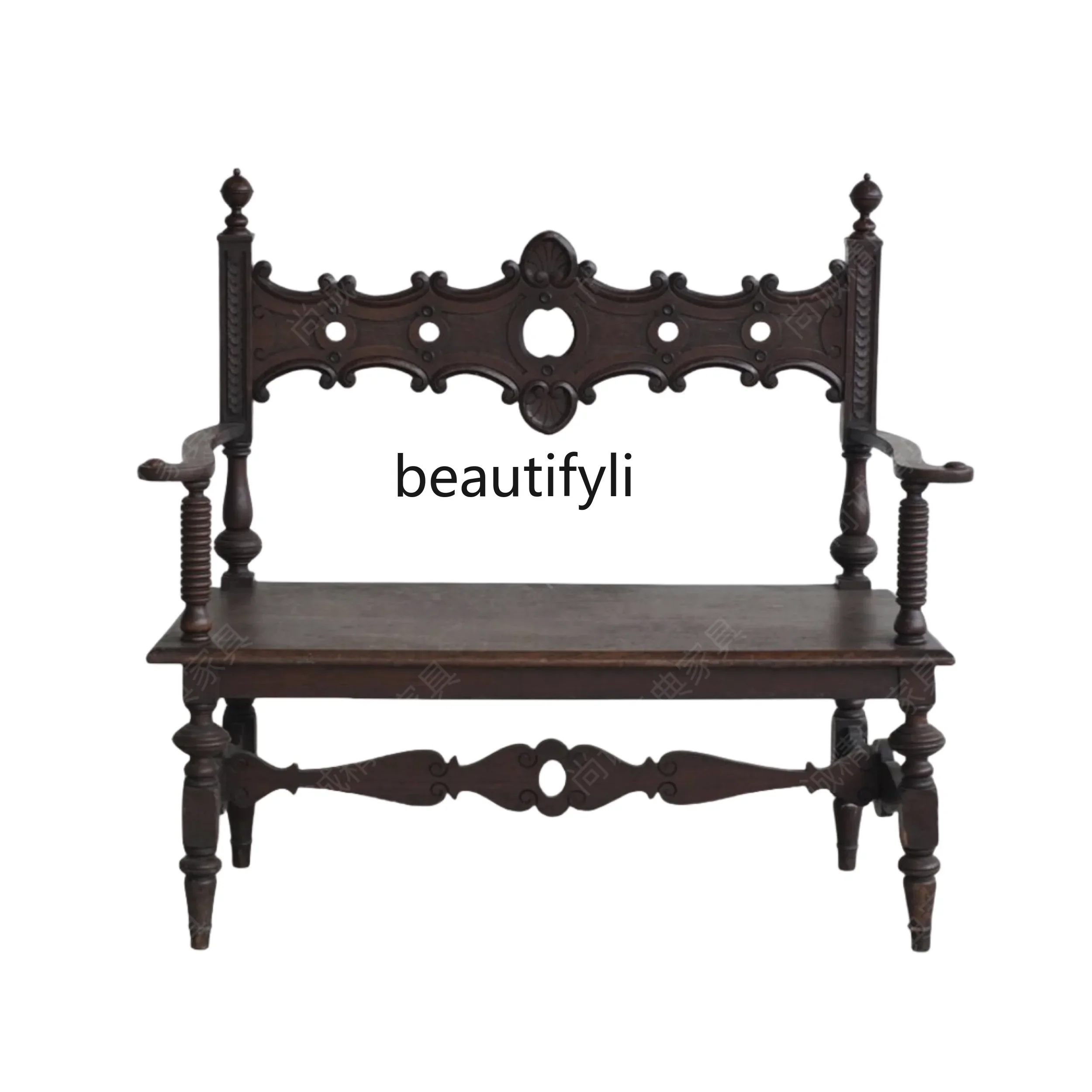 

HMedieval carved solid wood retro French double sofa American old bench medieval living room balcony leisure chair
