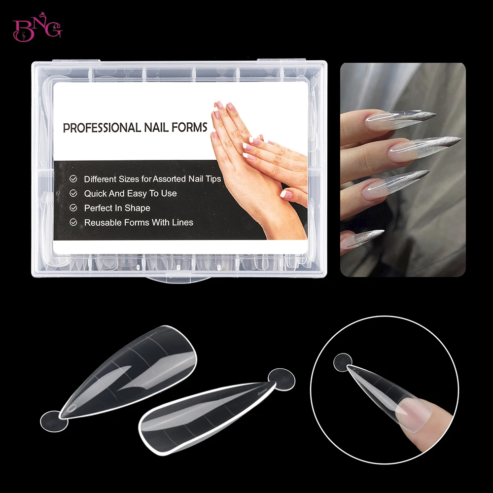 BNG 120Pcs Poly Extension Gel Molds Dual Nail Forms with 12 Sizes Stiletto Nail Molds Full Cover Builder for Nails Acrylic Forms
