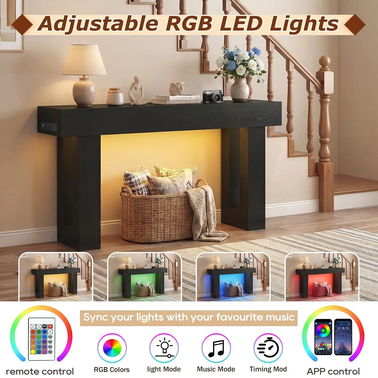 Long Console Table, Wooden Sofa Table with RGB Lights, Narrow Entryway Table with USB Power Outlet, Rectangular, Customized