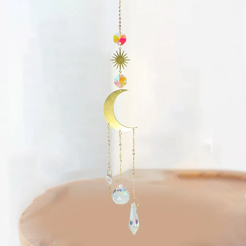 Colorido cristal Wind Chimes, Janela Suncatcher, Lua e estrela, Janela suspensa
