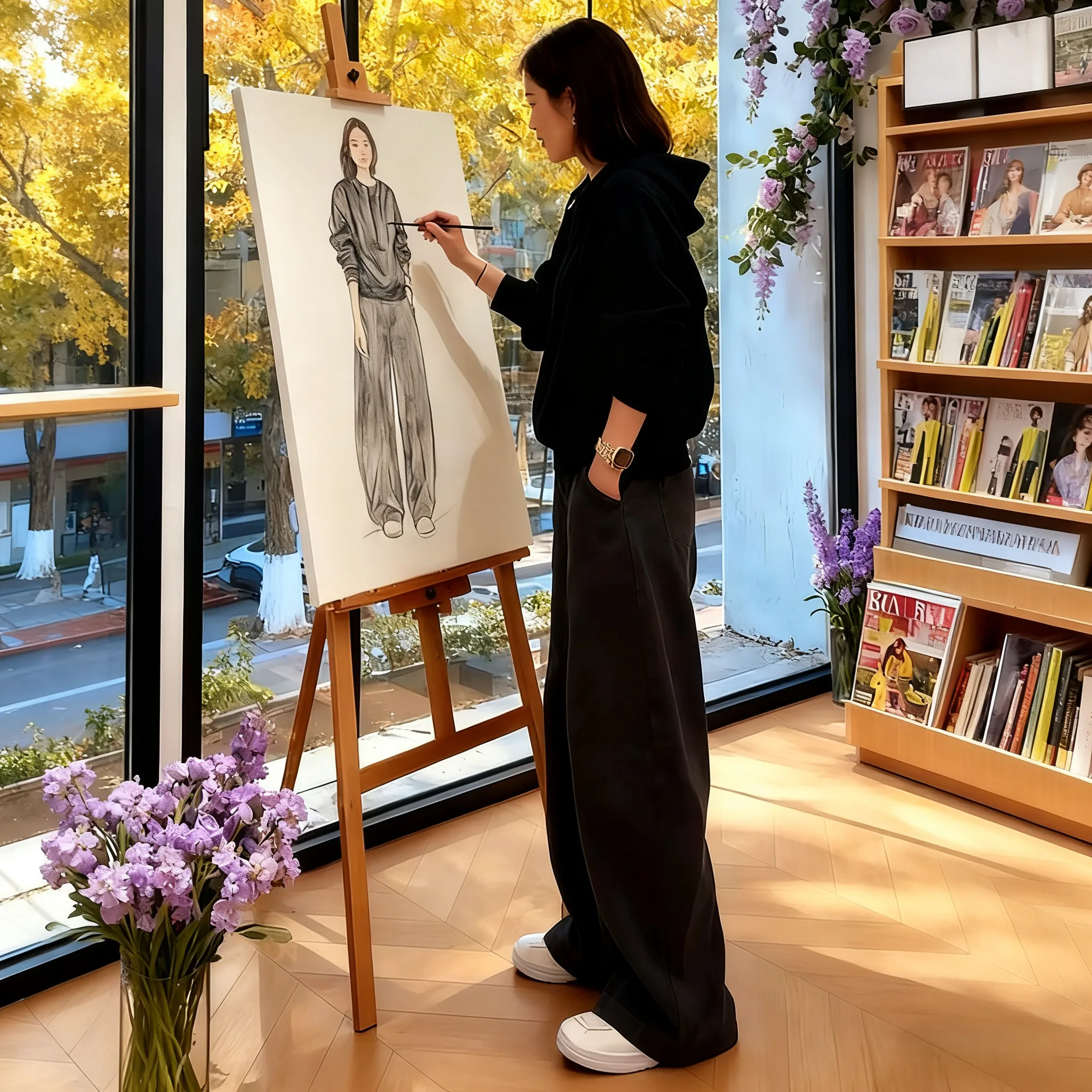 

Loose Feel Long Sleeve Hoodie And High Waist Wide Leg Pants Women's Korean Style Fashion Set Two-Piece Polyester Autumn Wear