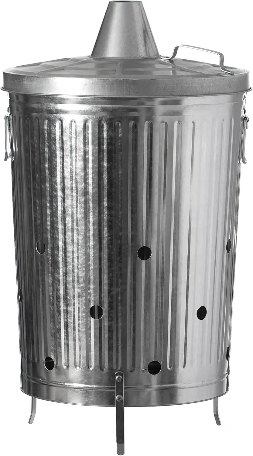 

20-Gallon Galvanized Steel Burn Bin with Lid & Vents for Outdoor Yard Waste, Leaves, Paper, Silver