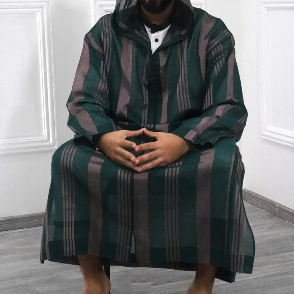 Fashion Men Muslim Clothing Hooded Robes Casual Loose Striped Printed Long Sleeve Zip Abaya Ramadan Middle East Arab Dubai Robe