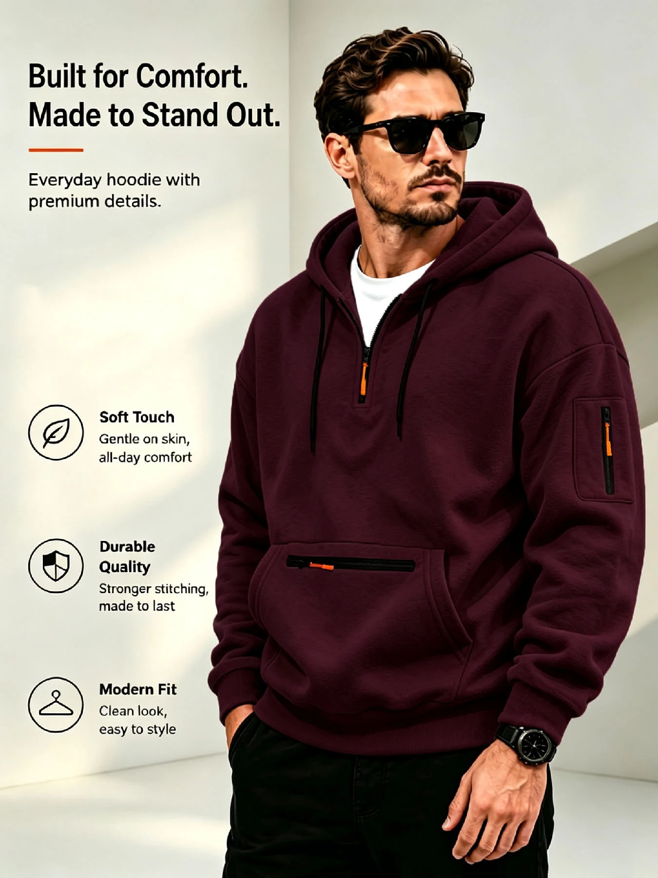 Halloween Special Sale 1 Pack Men's Cozy Skin-Friendly Fleece Half-Zip Hoodie with Multi-Pocket & Sleeve Zipper, Casual Sport St