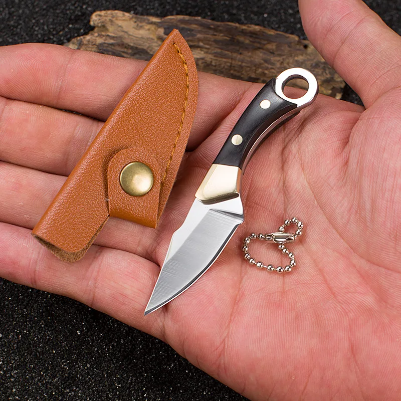 Wooden Handle Small Straight Knife Outdoor Camping Sharp Self-defense Fruit Knife Hand Meat Knife Unwrap Mini Pendant Gift Knife