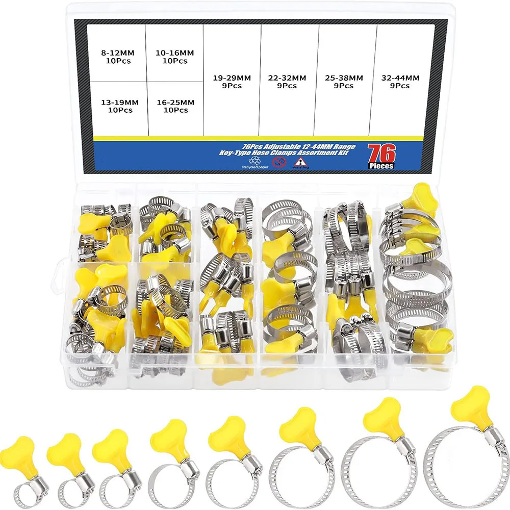 76 Piece Adjustable 8-44MM Series Hose Clamp Combination Kit, Key Type Stainless Steel Worm Gear Hose Clamp, With Plastic Handle