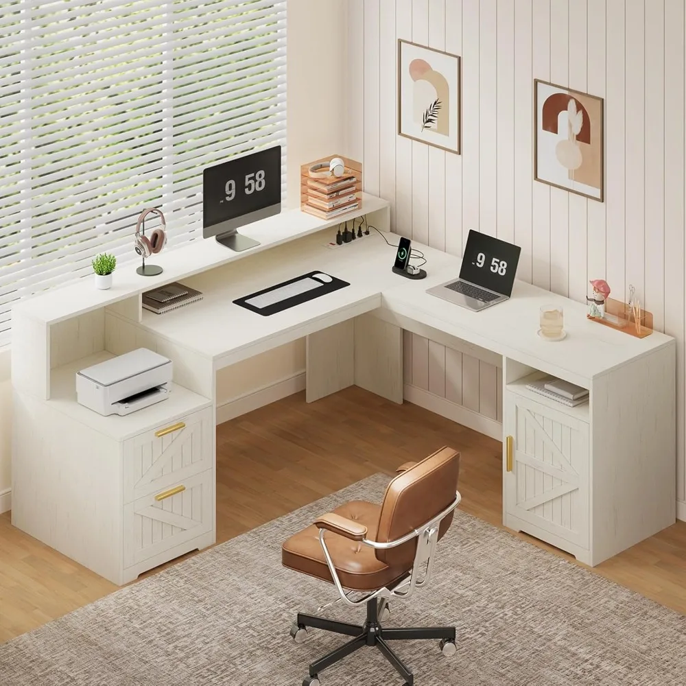 

63" Farmhouse L Shaped Executive Desk with Drawers & Storage Shelf, Corner Computer Desk with Power Outlets