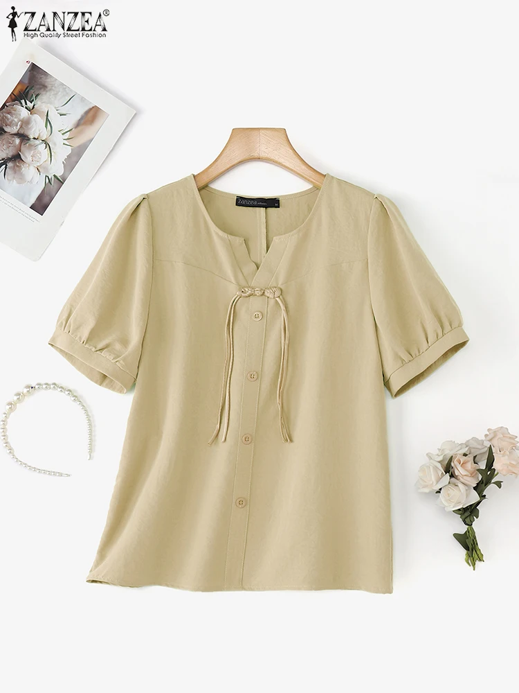 ZANZEA قمصان مكتب صيفية 2025 بلوزات نسائية أنيقة بأكمام قصيرة وأزرار سفلية قميص موضة OL بلوزة عمل غير رسمية برقبة دائرية #5