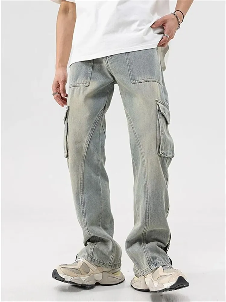 Mud Yellow Jeans for Men Y2K Solid Color Overalls with Buttons Multi-pocket Zipper To Make Old Pants Loose A148