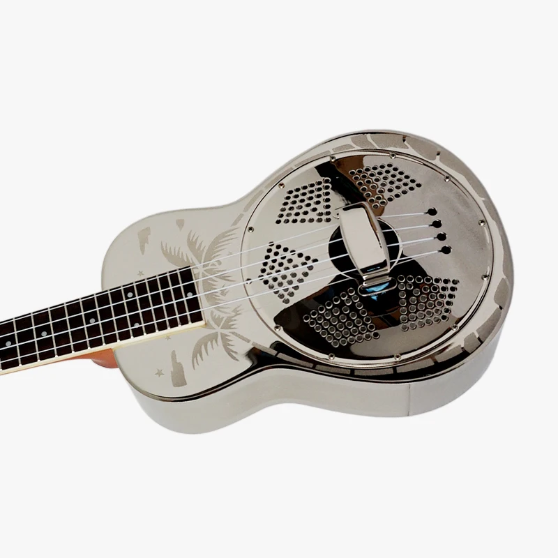 Hot Sale Aiersi Brand Gloss Chrome PlateHawaii Tree Sandblasted Brass Body Concert Size Resonator Ukulele Travel Guitar