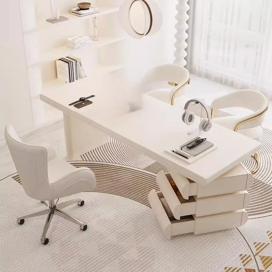 Cream wind desk workbench consultation Light luxury bookcase Simple desktop with drawers Desk writing desk