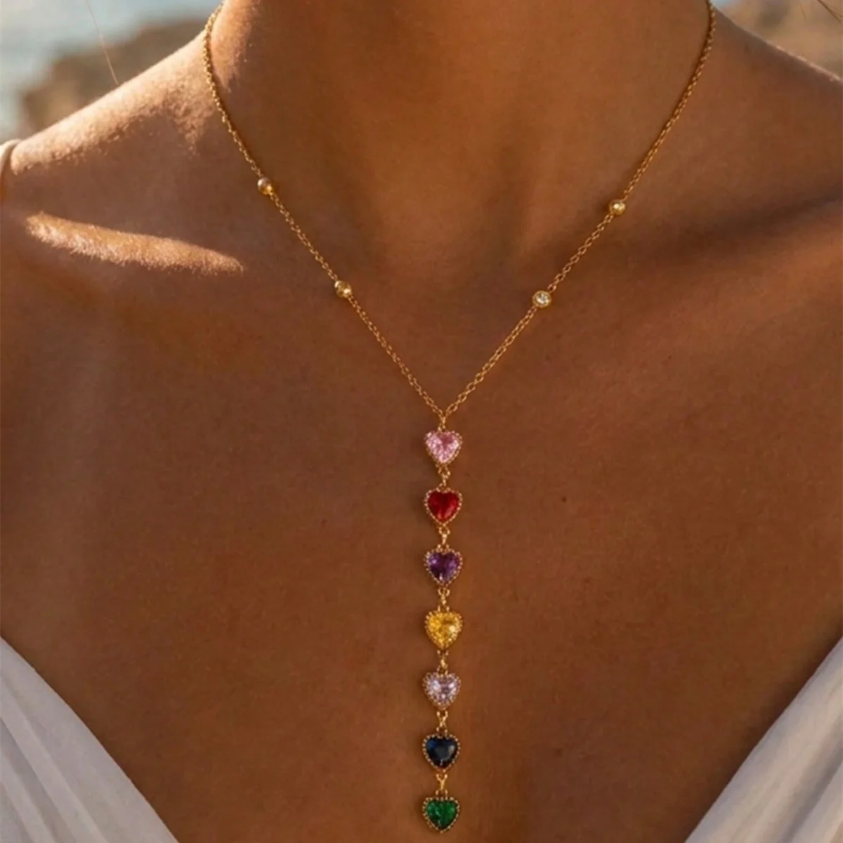 Stainless Steel Colorful Zircon Heart Spliced Y-shape Pendant Necklace for Women Sparkling Crystal Love Heart Choker Jewelry