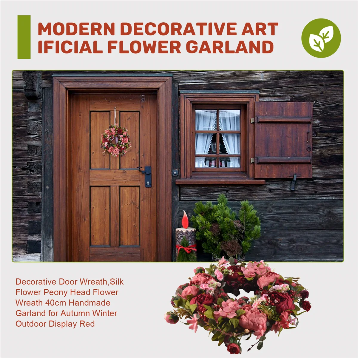 CHCH Decorative Door Wreath,Silk Flower Peony Head Flower Wreath 40cm Handmade Garland for Autumn Winter Outdoor Display Red