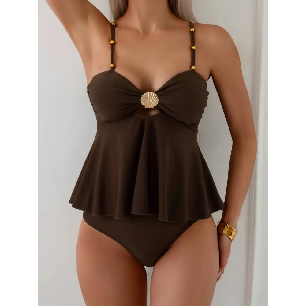 

Cikini 2pcs Women Summer Elegant Resort Brown Shell Metallic Beaded Tankini With Cover Up Swimwear Set