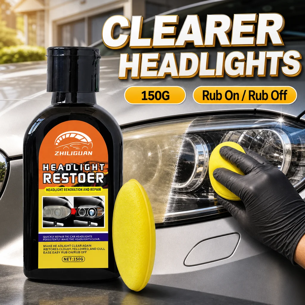 Headlight Restorer 150g with Sponge Car Headlamp Cleaner Polish Restores Clarity Removes Yellow Haze Oxidation