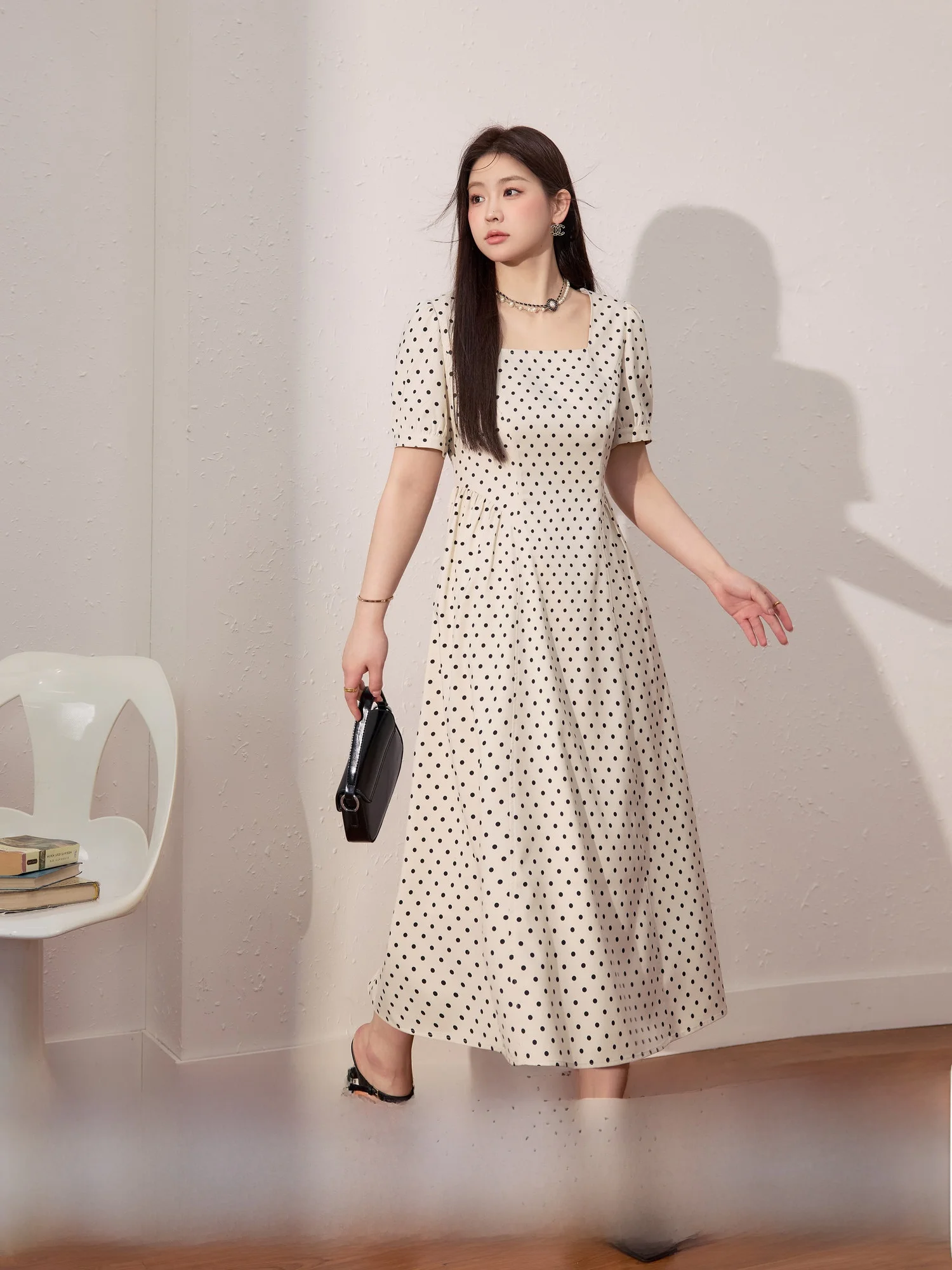 

Ele plus Size Women's Dr Polka Dot Square Collar A-Line Long Skirt Slimming Waist High Waist Commute Sle Summer New