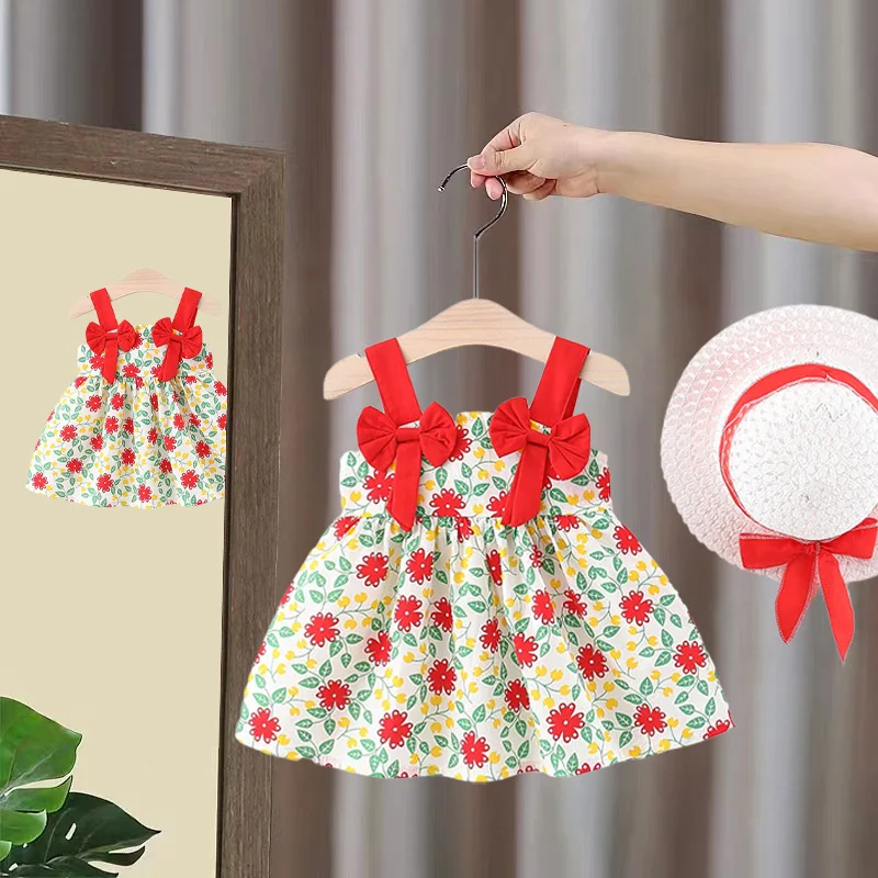 2Pcs/Set Summer Baby Girl Suspender Dresses Children Clothes Suit Flower Bow Fashion Toddler Kid\'s Costume Send Hat 0 To 3 Years