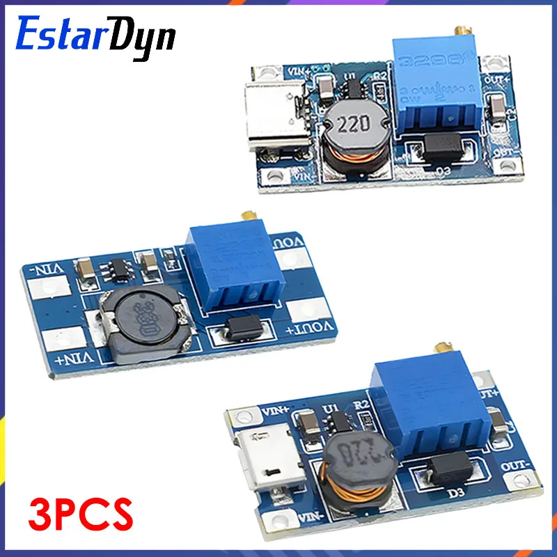 3pcs MT3608 DC-DC Adjustable Boost Converter Module 28V 2A Step-Up Power Supply High Efficiency for Arduino DIY Projects