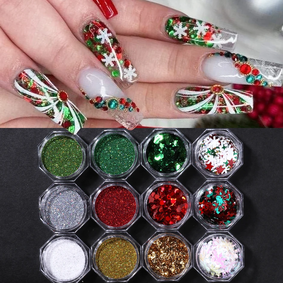 12 Uds. De lentejuelas navideñas para uñas, copos de nieve brillantes mezclados, polvo láser DIY Flash, herramientas de decoración de manicura de Año Nuevo para invierno