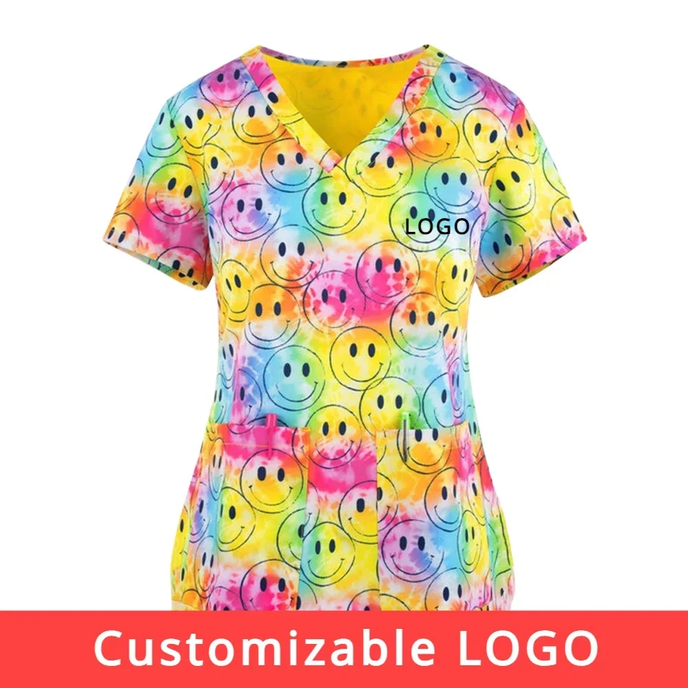 Customizable LOGO Print Scrubs Top Women with Pockets V-Neck Scrub Uniforms Pet Grooming Nurse Spa Caring Shirt Uniformes