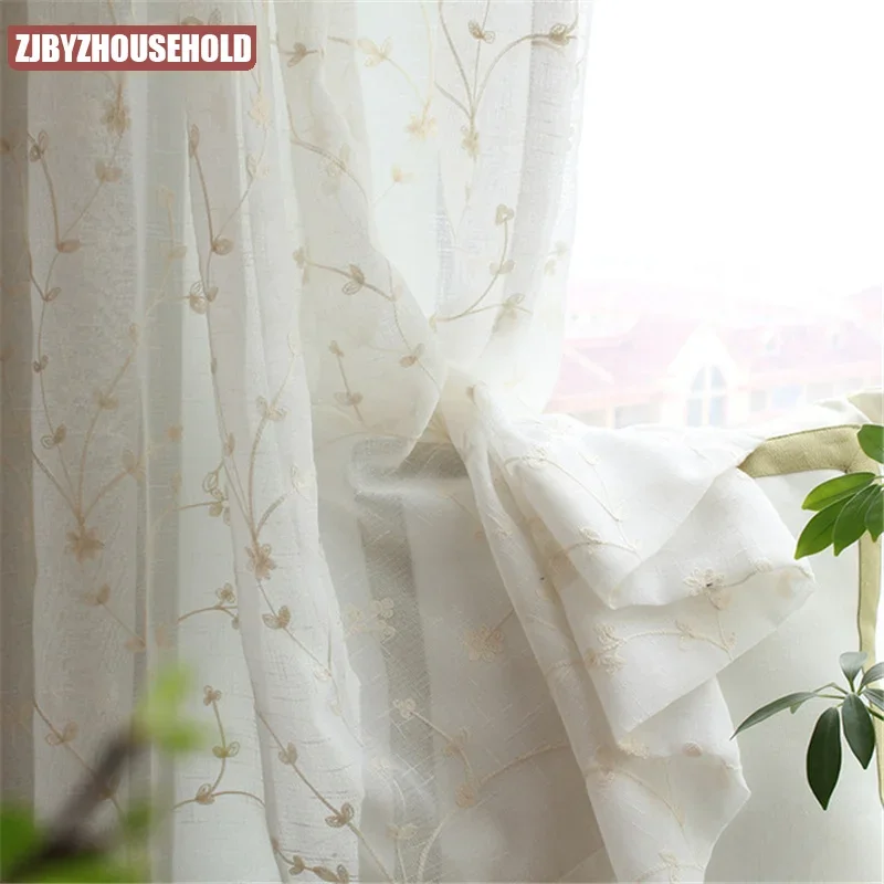 

Embroidered Linen Sheer Voile Curtains for Living Room Bedroom Kitchen Floral White Tulle Curtain Blind Panels Decor Custom