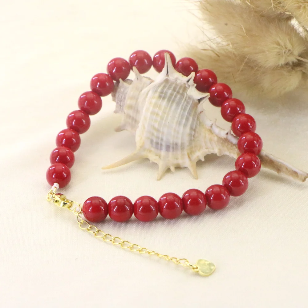 Vintage Red Coral Bracelet Jewelry Smooth 4-10mm Stone Beaded Extend Bracelet Bangle for Women Yoga Can Be Used As A Keyring