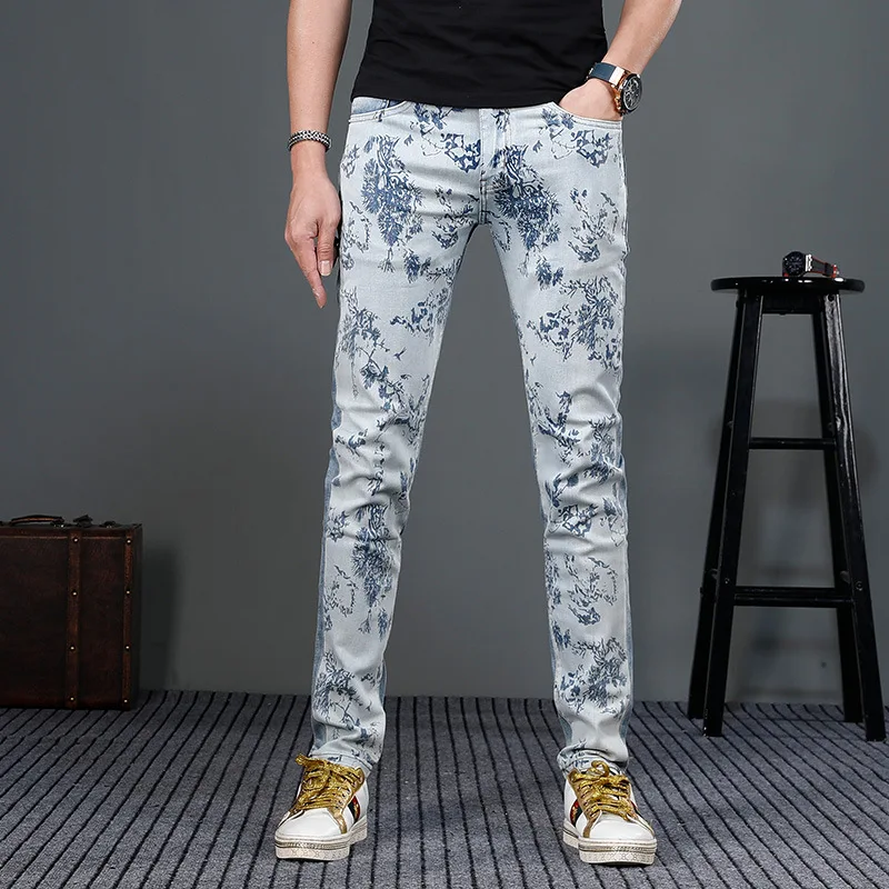 Light luxury high-end printed jeans men's fashion trend 2024 New stretch fashion denim slim fit tapered pants